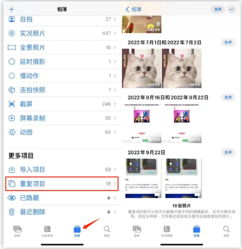 磐安苹果手机维修分享iOS 16 中相册重复项目功能使用方法 