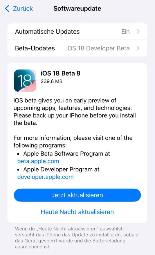 磐安苹果手机维修分享苹果 iOS / iPadOS 18 开发者预览版 Beta 8 发布 